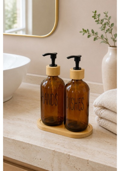 Relly Bambu Standlı İkili Cam Sabunluk Seti 2 X 500 Ml Hands & Dıshes Amber