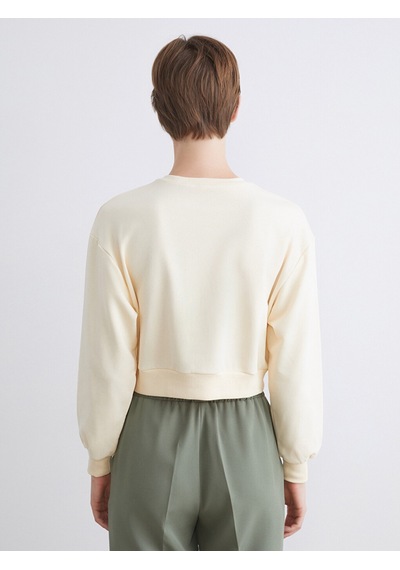 Lcw Eco Ekru Bisiklet Yaka Nakışlı Kadın Sweatshirt