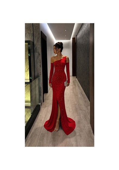 Lior Design Kadın Yeni Sezon Tek Omuz Taş Detaylı Abiye Elbise Kırmızı