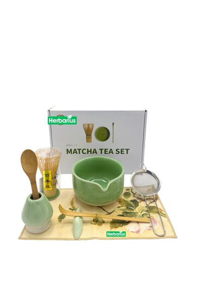 Herbarius 8 Parça Çiçek Desenli Balık Sırtı Kabartmalı Mint Yeşili Renk Matcha Çayı Hazırlama Seti - Geleneksel Japon Matcha Seti
