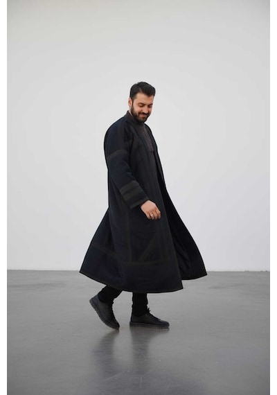 Erkek Uzun Klasik Kürk Palto Görünümlü Kışlık Dış Giyim Unisex Siyah
