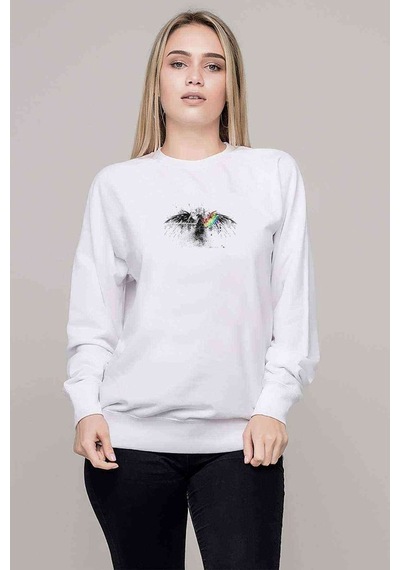Pınk Floyd Prısm Logo Bırd Spray Baskılı Beyaz Kadın Sweatshirt