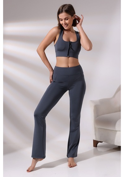 EMFURE Füme Fermuarlı Spor Büstiyer - Sports Bra / Crop Destekli Spor Sütyeni Füme