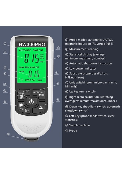 Hw-300pro Araba Boyası Filmi Otomatik Kalınlık Ölçer 0-2000um Fe/nfe Kaplama C Hw-300pro İspanya