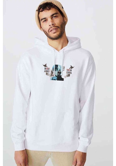 Laptop Anime Tokyo Ghoul Baskılı Beyaz Erkek Kapşonlu Sweatshirt