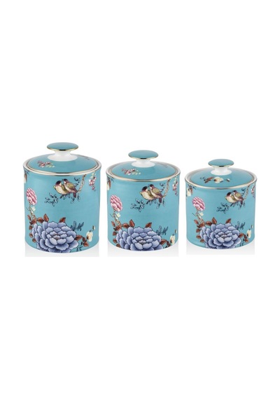 Floral Blue 3 Lü Porselen Baharatlık Baharat Takımı Kavanoz Karışık