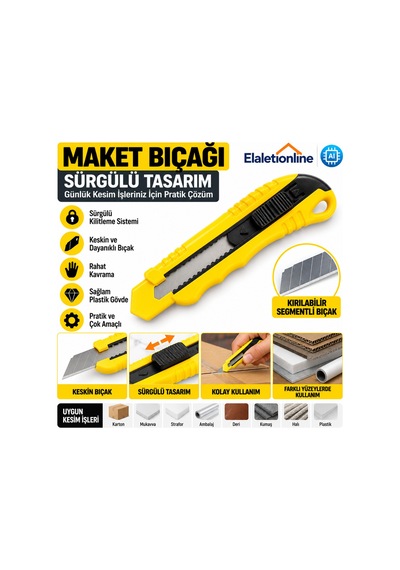 Maket Bıçağı Falçata Sürgülü, Kırılabilir Uçlu, Plastik Gövdeli Kesici - 938477627