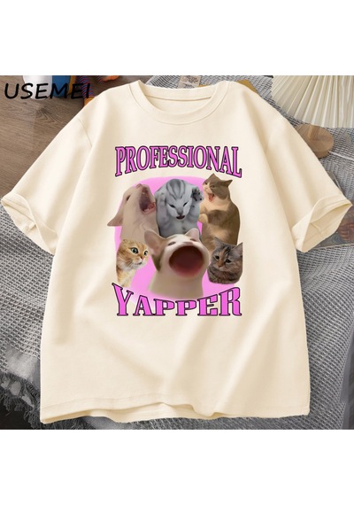 Flood Of Style Professional Yapper Cat Graphic T Shirts Women Men Cotton Short Sleeve T-shirts Casual O Neck Haki