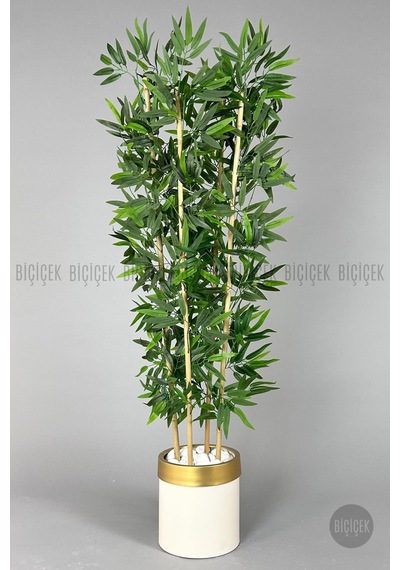 Yapay Bambu Ağacı 140cm Krem Gold Metal Saksıda Krem-gold