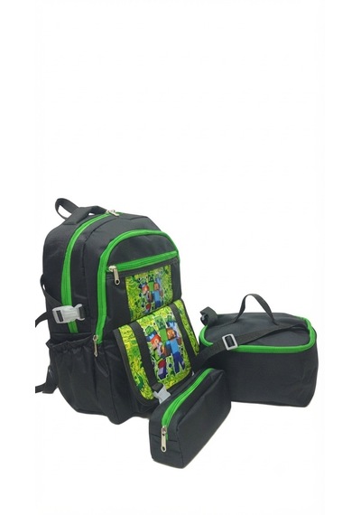 İlkokul 3 Lü Set Karekter Desenli Laptop Bölmeli Kalemlik,beslenme Çantalı Erkek Çocuk Okul Sırt Çantası 40 27 17 Cm Ebat siyah