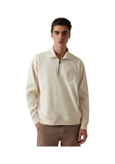 Guess Erkek Dik Yakalı Fermuarlı Aplikeli Sweatshirt - Krem Krem