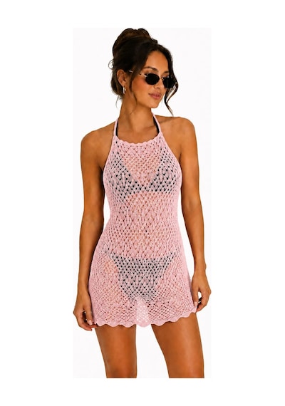Neden Tekstil Ajurlu Sırt Dekolteli Transparan Beachwear - Mini Plaj Elbisesi - Pembe