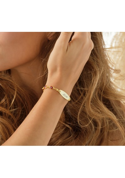 Queen Silver Jewelry 925 Ayar Gümüş Kırmızı Göz Boncuklu Çocuk Künye İsim Yazılı Altın