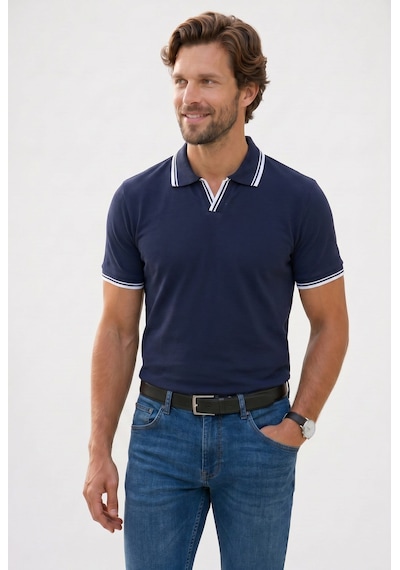 Tudors Erkek Slim Fit Dar Kesim %100 Pamuklu Çizgili Detaylı V Yaka Lacivert Polo Yaka Tişört-51596 Tudors Erkek Slim Fit Dar Kesim %100 Pamuklu Çizgili Detaylı V Yaka Lacivert Polo Yaka Tişört-51596