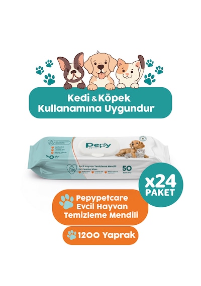 Pepy Kedi Ve Köpek Kullanımına Uygun Evcil Hayvan Temizleme Mendili 24 Paket 1200 Adet