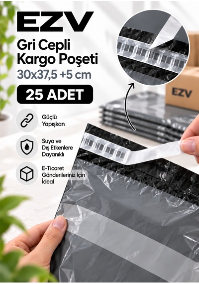 Gri Cepli Kargo Poşeti 30x37,5 +5 Cm 25 Adet
