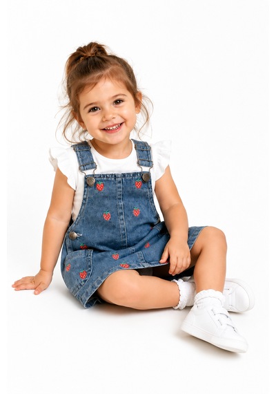 Tucankids Kız Çocuk Çilek Nakışlı Kot Jile Elbise Kot Mavi