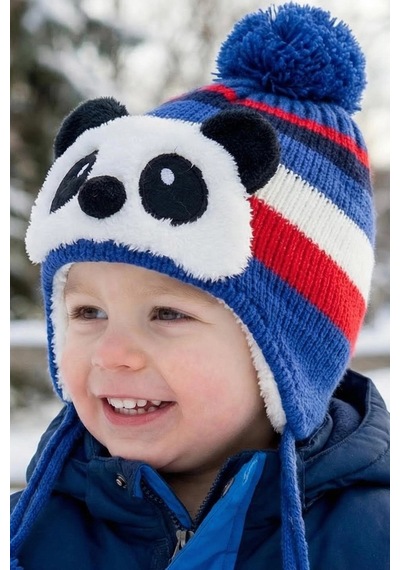 Bay Şapkacı - Sevimli Panda Tasarımlı Unisex Çocuk Kışlık Bere - 5900 Mavi