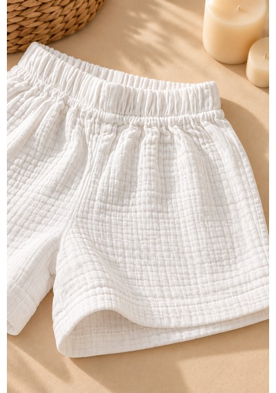 Elovias %100 Pamuk Müslin Çocuk Şort Unisex Kız Erkek Çocuk Yazlık Oversize Rahat Kalıp 1-2-3-4 Yaş Beyaz