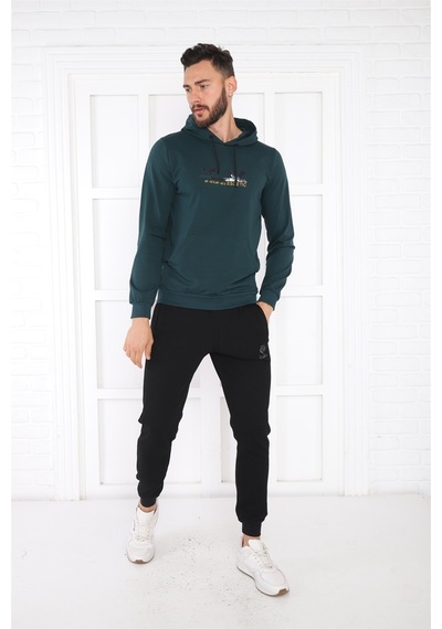 Escetic Spor Erkek Yeşil Cepli, Kapüşonlu Sweatshirt-4175