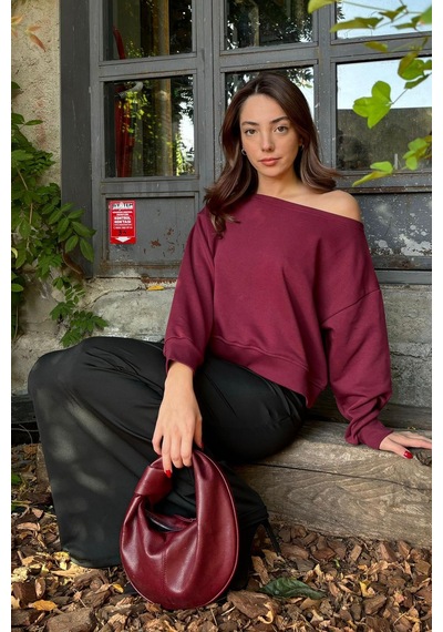 Bordo Kayık Yaka Kadın Sweatshirt Mg2208