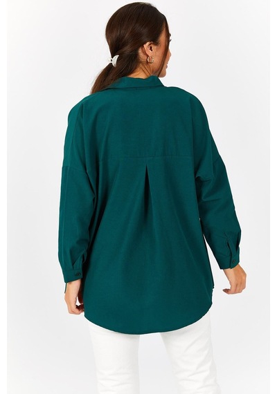 Armonika Kadın Koyu Yeşil Oversize Uzun Basic Gömlek Arm-22y001118