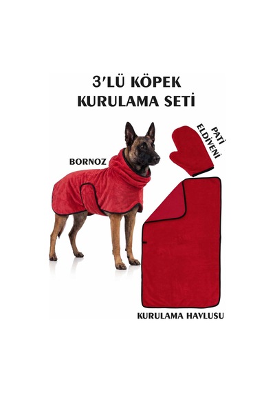 3'lü Köpek Kurulama Seti Bornoz-havlu-pati Eldiveni Süper Su Emici Yaz-kış Set Bordo
