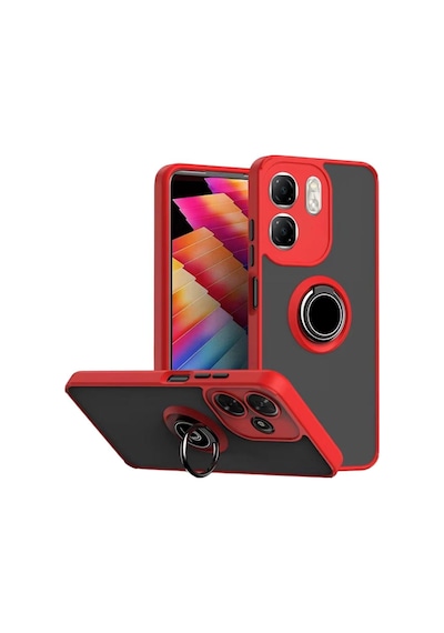 Infinix Hot 50i Uyumlu Kılıf Yüzüklü Standlı Extra Darbe Koruma Sert Silikon Kapak - Kırmızı