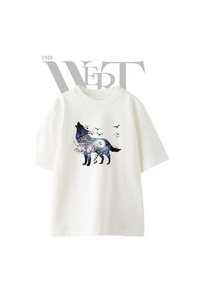 Thewert Wolf Night Sky Tasarım Baskılı Ünisex Beyaz Oversize T-shirt