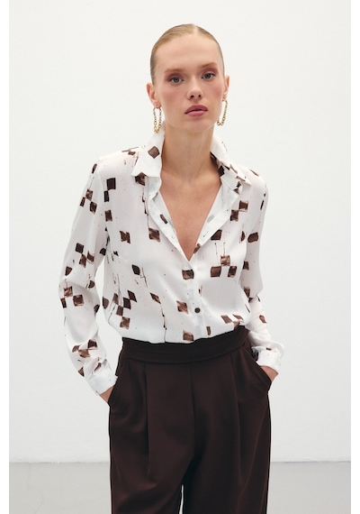 Sateen Desenli Klasik Gömlek - Kahve-136232 Kahve