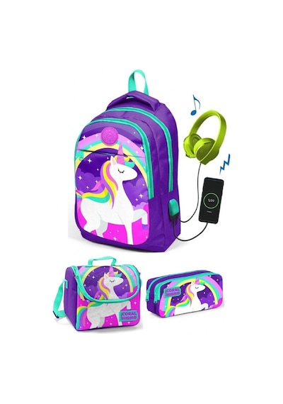 Coral High Kız Çocuk Mor Unicorn 3'lü Çanta Takımı - USB Soketli
