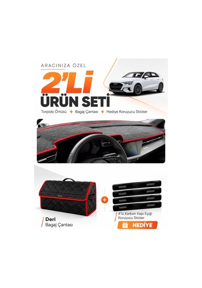 Audi A3 2020-2026 Uyumlu Torpido Örtüsü + Deri Bagaj Çantası + Sticker Seti - Siyah Kırmızı