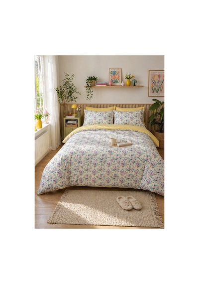 %100 Pamuk Çift Kişilik Nevresim Takımı Spring Bloom Sarı Sarı Lila Yeşil