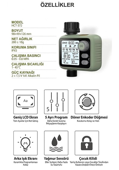 Otomatik Bahçe Sulama Zamanlayıcısı - 5 Programlı Lcd Ekranlı Akıllı Sulama Sistemi Ipx5 Su Geçirmez