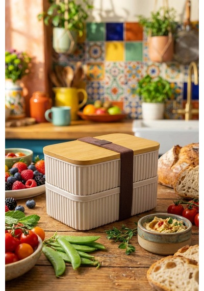 Makri Home Bambu Kapaklı 2'li Saklama Kabı Seti 0,5+0,5 Litre Üst Üste Konabilir 15x9x10 Cm Krem