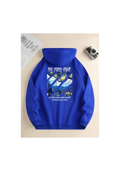 Medinenur Night Baskılı Kapüşonlu Sweatshirt Mavi