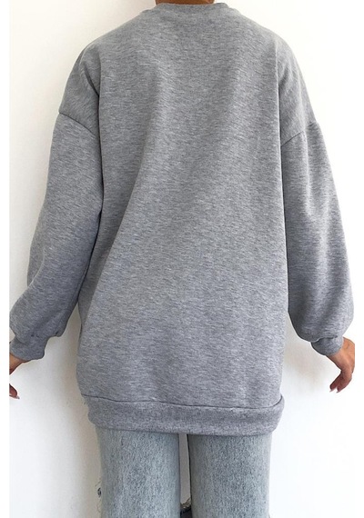 Femelle Yeni Sezon Selfie Baskılı Pamuklu Oversize Sweatshirt Gri
