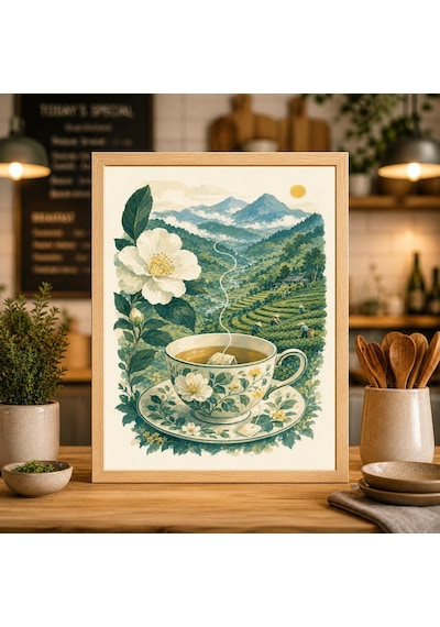 Yeşil Çay Fincanı Sanat Baskısı Dağ Tarlası Natürmort Posteri Çiçekli Çay Fincanı Duvar Dekoru