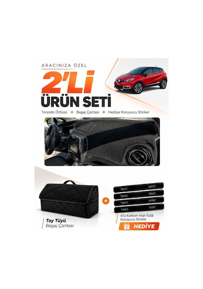 Renault Captur 1 2013-2019 Uyumlu Torpido Örtüsü + Tay Tüyü Bagaj Çantası + Sticker Seti - Siyah