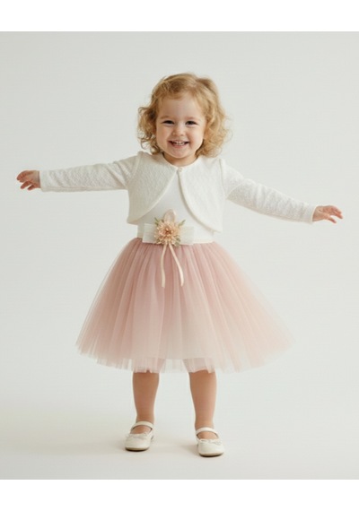 Mnk Baby & Kids Triko Bolerolu Bel Çiçekli Kız Bebek Elbise M00773 Koyu Pembe