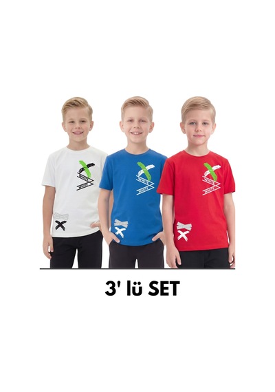 Panios Kids 3'lü White Yazı Baskılı Yuvarlak Yaka Kısa Kollu Erkek Çocuk Yazlık Tişört Beyaz - Kırmızı