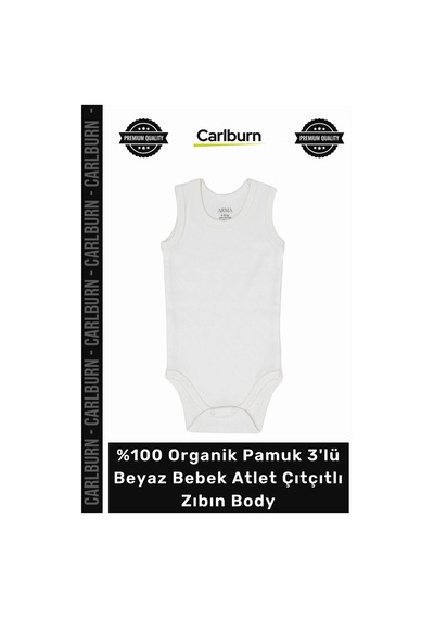Carlburn Zıbın Yumuşak Unisex Kaliteli 100 Organik Pamuk 3'lü Beyaz Bebek Atlet Çıtçıtlı Zıbın Body