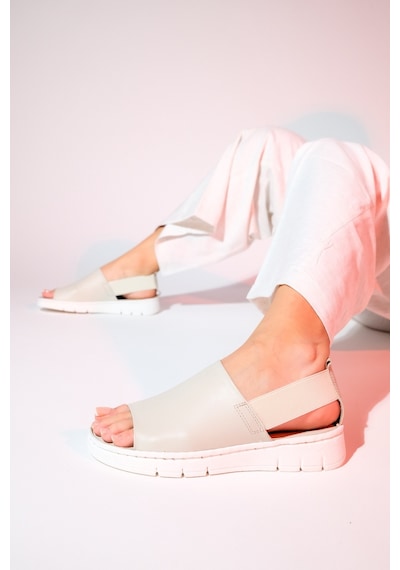 Luvishoes Londoi Bej Cilt Hakiki Deri Lastikli Kadın Sandalet Bej