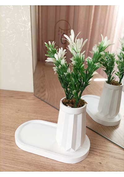 Mini Düz Desenli Beton Saksı Tekli Ve Oval Tabak - Yapay Çiçek Hediyeli - Beyaz