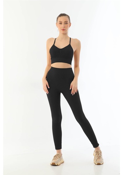 Civetta Siyahmı Emay 3921 Soft Seamless Ripli Tayt Yoga Takımı Siyah