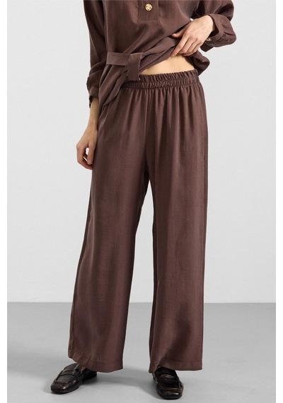 Olcay Metal Düğmeli Soft Kumaş Tunik Pantolon İkili Takım Kahve 9397-tk