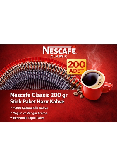 Kahve Classic 2 Gr Stick Hazır Kahve 200 Adet %100 Çözünebilir Yoğun Aromalı Ekonomik Paket