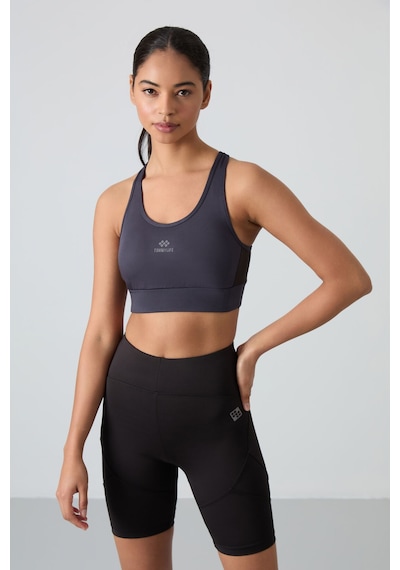 Tommy Life Antrasit Çapraz Sırt Detaylı Slim Fit U Yaka Pedli Kadın Spor Büstiyer - 97121 Antrasit