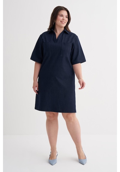 Myline Kısa Kollu Cepli Denim Elbise-6244 Mavi
