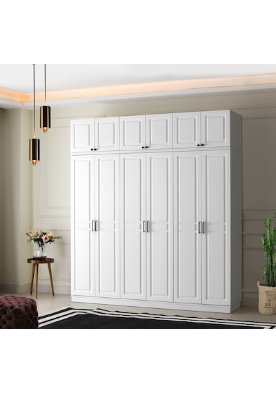 GuneyStore Sport 6 Kapaklı Komple MDF Yüklüklü Beyaz Gardırop